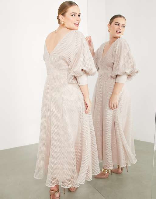 asos edition blouson sleeve midi dress ASOS EDITION blouson sleeve midi dress in organza check in khaki