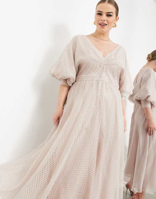 ASOS EDITION Curve blouson sleeve midi dress in organza check in blush, 3 of 4