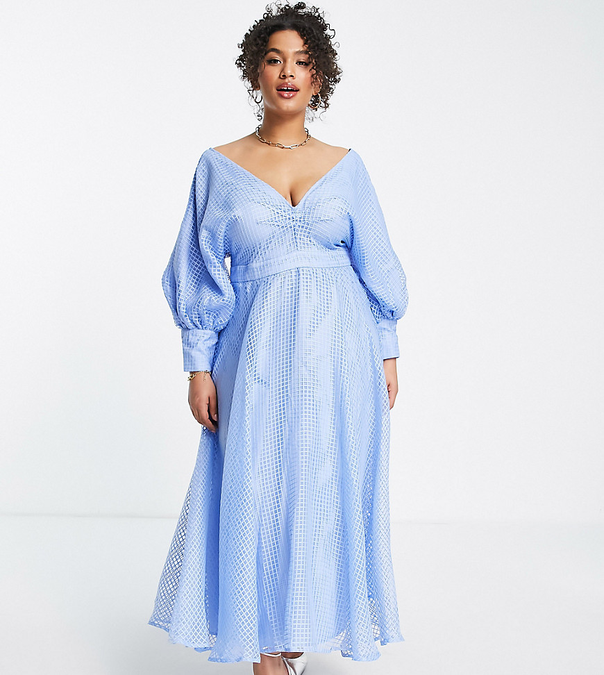 ASOS EDITION Curve blouson sleeve midi dress in organza check in pale blue