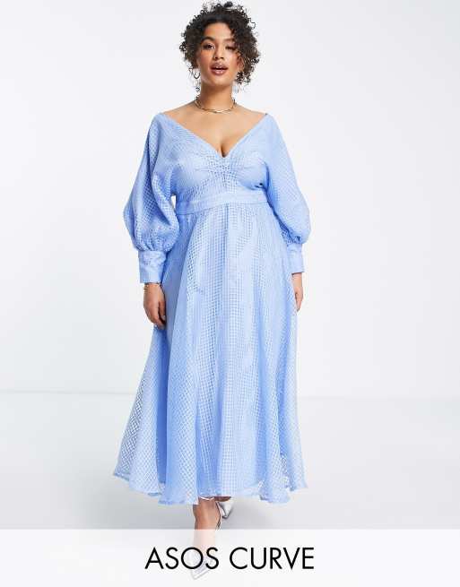 ASOS EDITION Curve blouson sleeve midi dress in organza check in pale blue