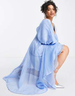 ASOS EDITION Curve blouson sleeve midi dress in organza check in pale blue