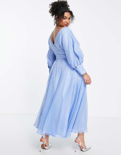 ASOS EDITION blouson sleeve midi dress in organza check in khaki, ASOS