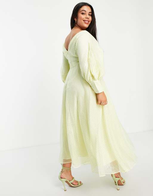 ASOS EDITION Curve blouson sleeve midi dress in organza check in pale  yellow | ASOS