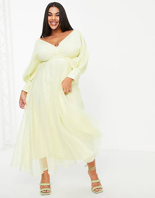 Designer Brands Curve blouson sleeve midi dress in organza check in pale yellow 