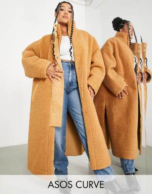 ASOS DESIGN CURVE BORG FUNNEL NECK COAT WITH DRAWSTRING IN CAMEL-NEUTRAL