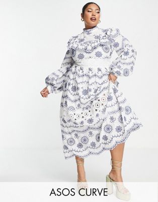 ASOS EDITION Curve broderie blouson sleeve midi dress with contrast embroidery
