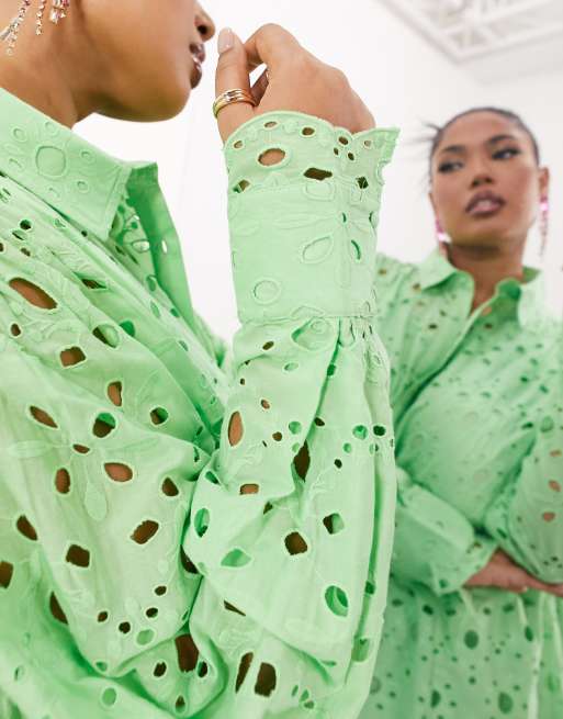 ASOS EDITION Curve broderie drawstring long sleeve midi shirt