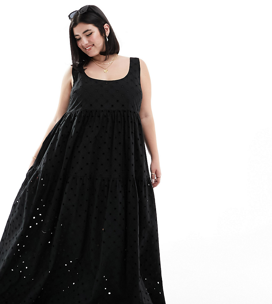 ASOS EDITION Curve broderie super full scoop neck tiered maxi dress in black