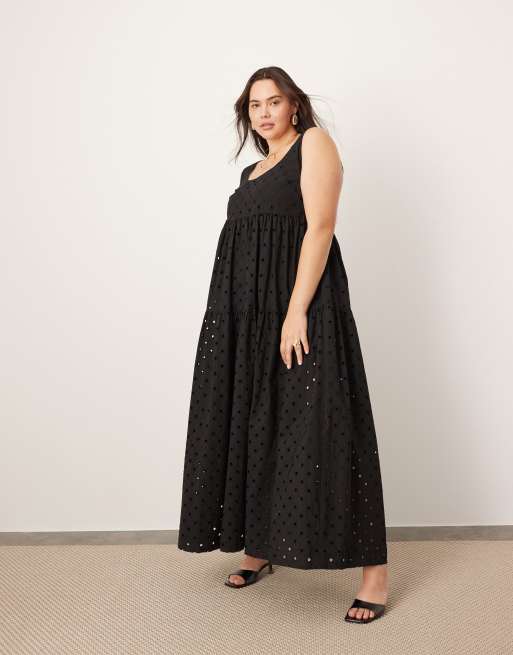 ASOS EDITION Curve broderie super full scoop neck tiered maxi dress in black ASOS