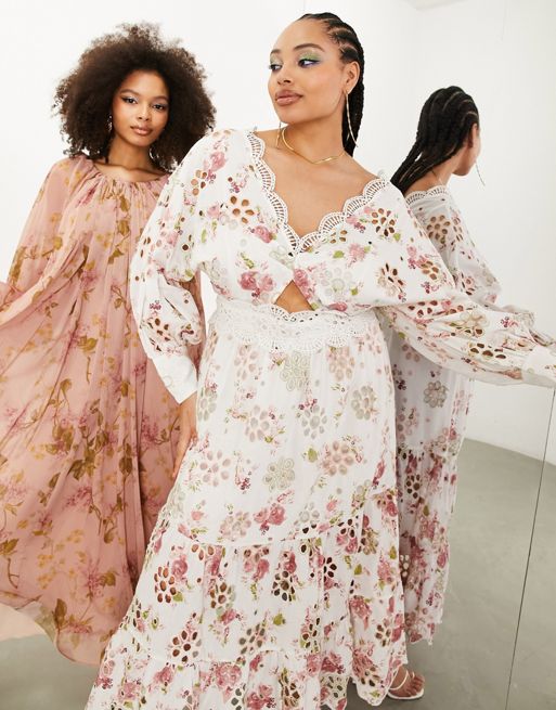 Women's Plus Woven Floral Puff Sleeve Midi Dress
