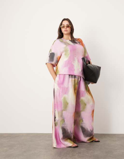 ASOS EDITION Curve - Broek met super wijde pijpen en trekkoord in de taille in opvallende aquarelprint, deel van co-ord set
