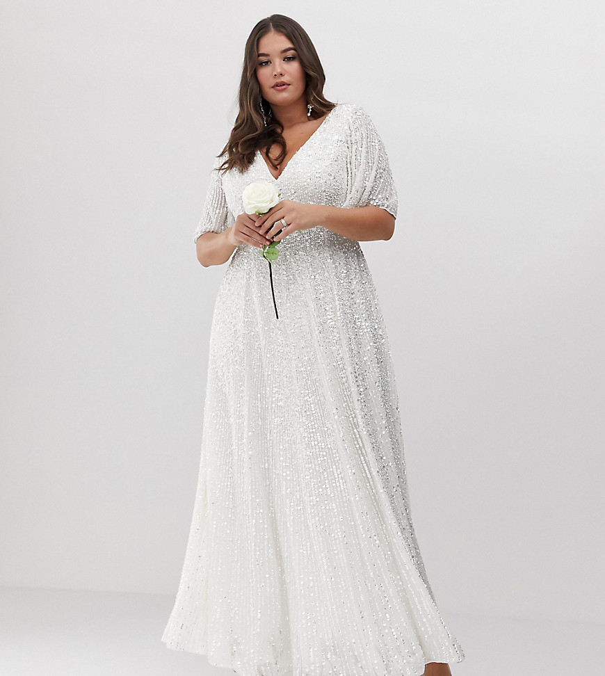 ASOS EDITION Curve – Bröllopsklänning i maxilängd med paljetter och utsvängd ärm-Vit