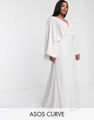 ASOS EDITION Curve - Robe de mariage ornée de sequins à manches kimono-Blanc Blanc
