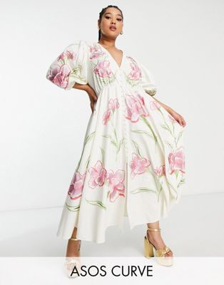 ASOS EDITION Curve button front bright floral embroidered midi dress in cream - ASOS Price Checker