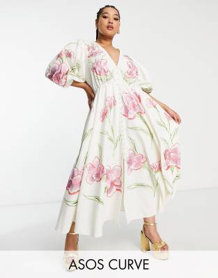 Asos Edition Curve Button Front Bright Floral Embroidered Midi Dress In Cream-White