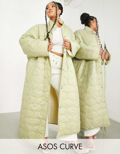 ASOS Edition Curve - Cappotto accollato verde salvia trapuntato con coulisse