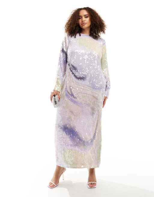 ASOS Edition Curve – Cekinowa sukienka maxi z długimi rękawami w pastelowy abstrakcyjny wzór