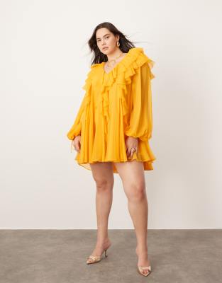 ASOS EDITION Curve - Chiffon-Minikleid in Orange mit unverarbeitetem Saum und Rüschen-Schwarz