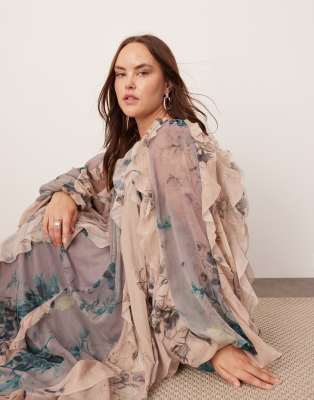ASOS EDITION ASOS EDITION Curve chiffon raw edge ruffle maxi dress with balloon sleeve in mixed floral print-Multi
