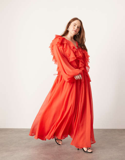 ASOS EDITION Curve chiffon raw edge ruffle maxi dress with drawstring waist in red