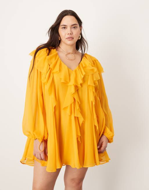 ASOS EDITION Curve chiffon raw edge ruffle mini dress in orange, 2 of 4