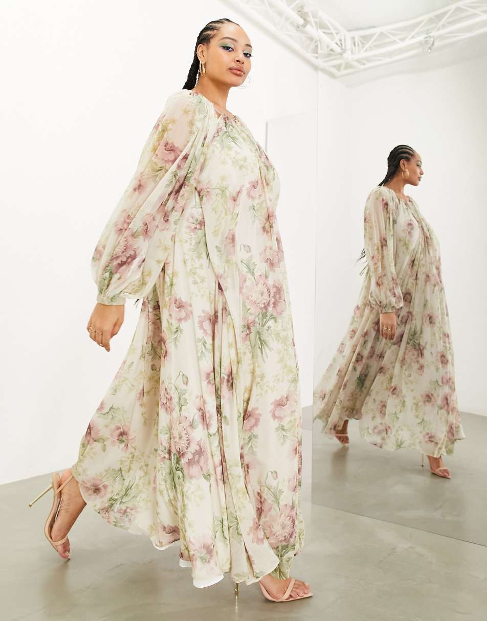 ASOS EDITION Curve chiffon split sleeve maxi dress in cream vintage floral