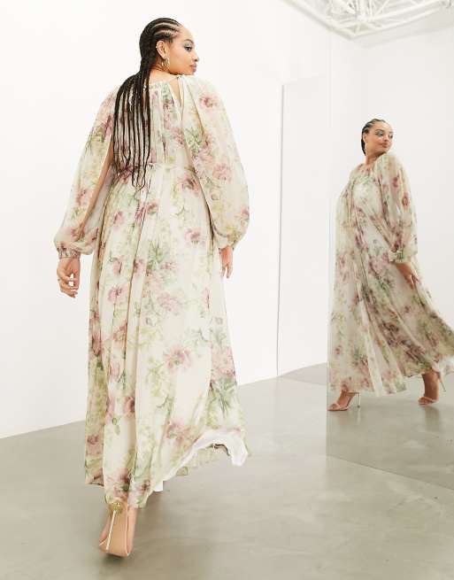 ASOS EDITION Curve chiffon split sleeve maxi dress in cream vintage floral