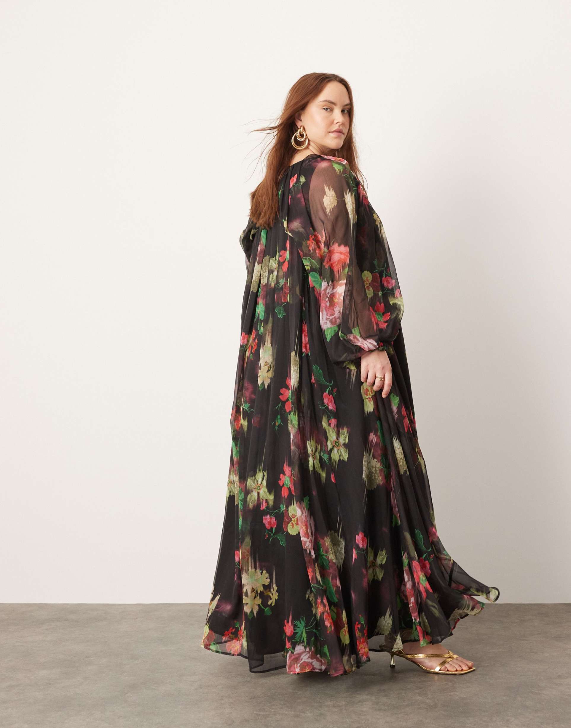 asos edition curve chiffon volume sleeve maxi dress in black base floral print