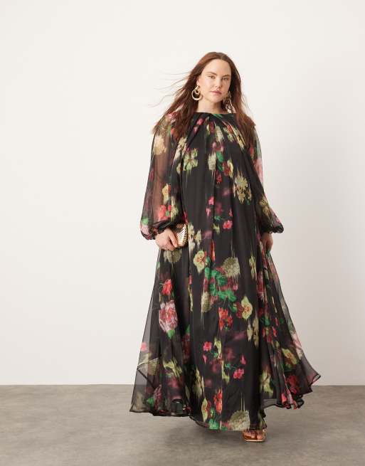 ASOS EDITION Curve chiffon volume sleeve maxi dress in black base floral print, 2 of 4