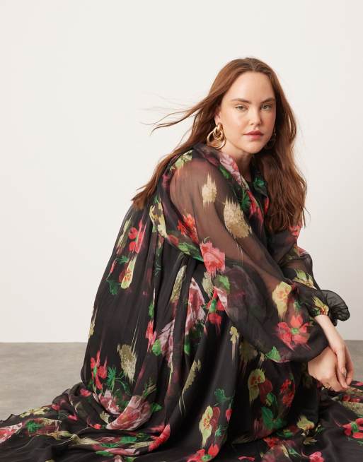 ASOS EDITION Curve chiffon volume sleeve maxi dress in black base floral print, 3 of 4