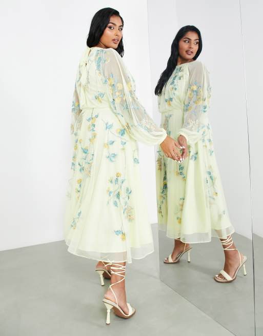 ASOS EDITION Curve - Citrongul midikjole med blomsterbroderi og blouson-ærmer i mesh, 2 af 4