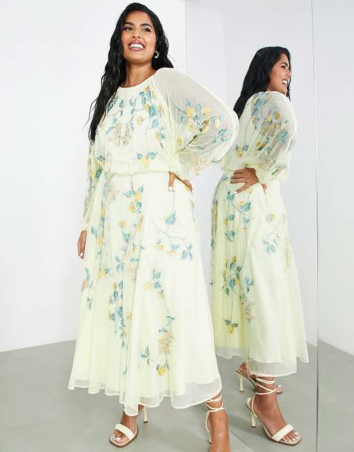 ASOS EDITION Curve - Citrongul midikjole med blomsterbroderi og blouson-ærmer i mesh, 4 af 4