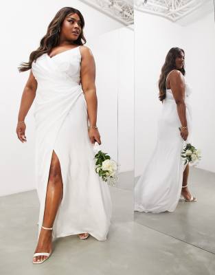 ASOS DESIGN Curve Constance satin wrap front cami wedding dress with low back in