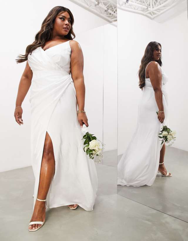 ASOS EDITION Curve Constance satin wrap front cami wedding dress with low back in ivory