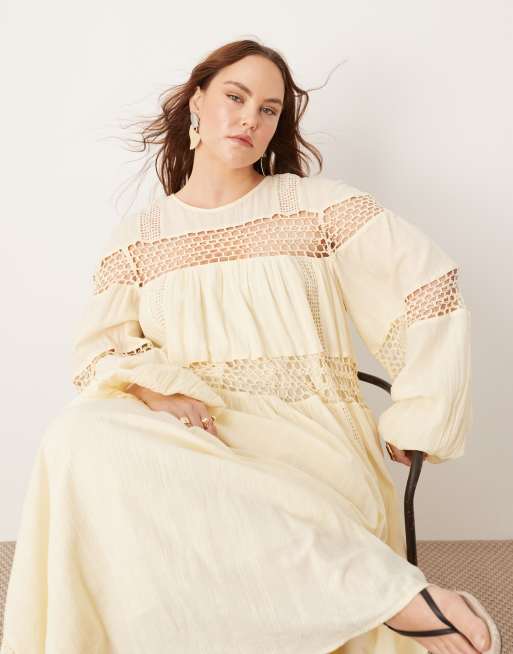 ASOS EDITION Curve crochet trim drop waist blouson sleeve trapeze maxi dress in buttermilk ASOS