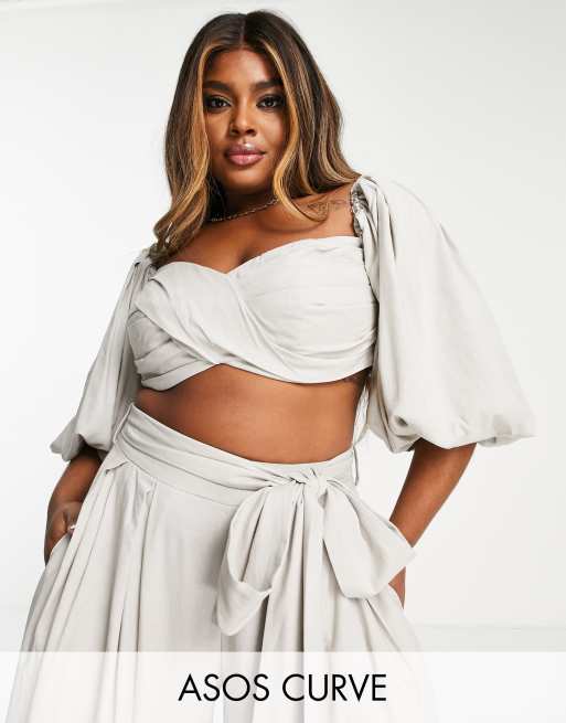 ASOS EDITION Curve crop top with blouson sleeve in gray - part of a set