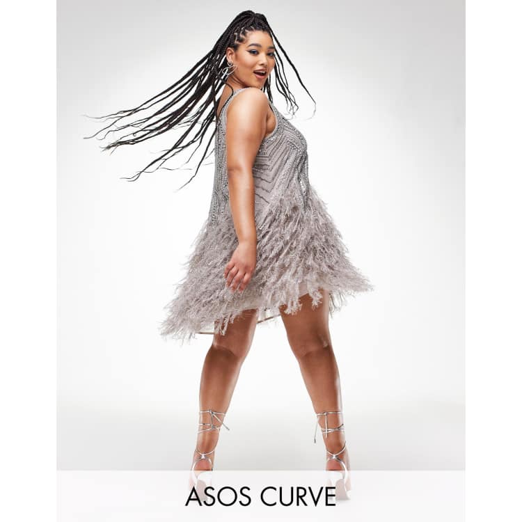 asos beaded feather dress EDITION Curve crystal and bead mini with faux hem in lilac SIZE:22 Category-Type:DRESSES winter greens with stilton