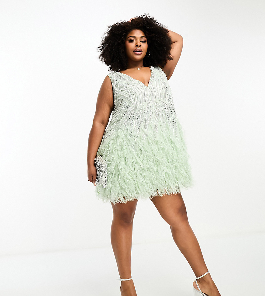 Shop Asos Design Curve Crystal And Bead Mini Dress With Faux Feather Hem In Sage Green