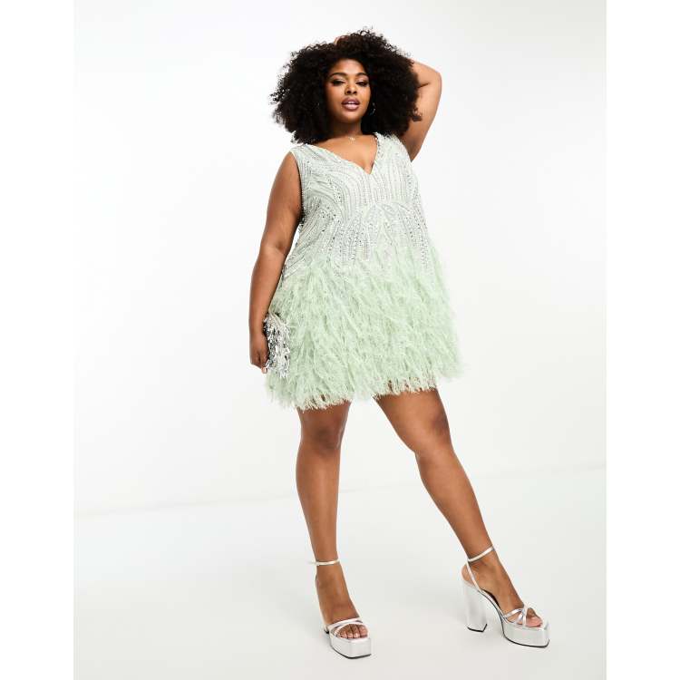 ASOS EDITION Curve crystal and bead mini dress with faux feather hem in  sage green | ASOS