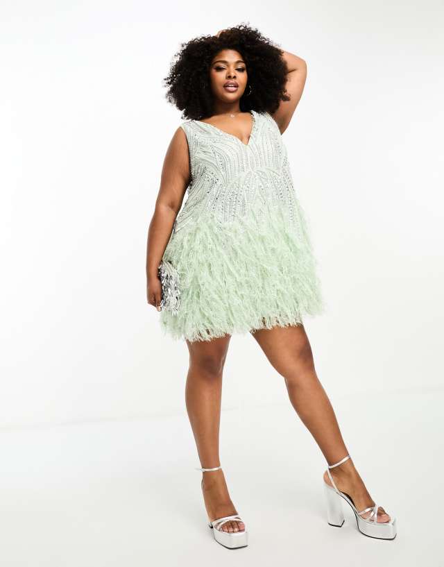 ASOS EDITION - curve crystal and bead mini dress with faux feather hem in sage green