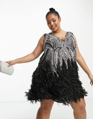 ASOS EDITION Curve crystal and bead mini dress with faux feather hem in black