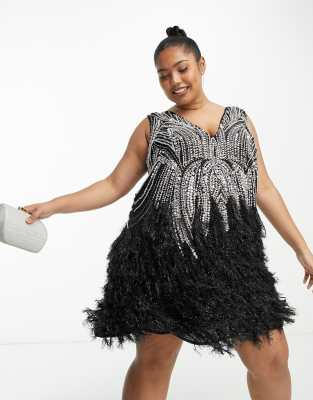 ASOS EDITION Curve crystal and bead mini dress with faux feather hem in black