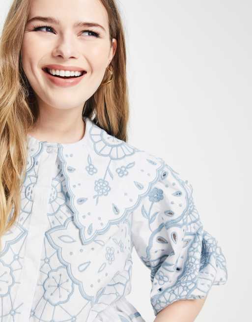 ASOS EDITION Curve cutwork broderie smock top with tonal embroidery in blue, 2 of 4