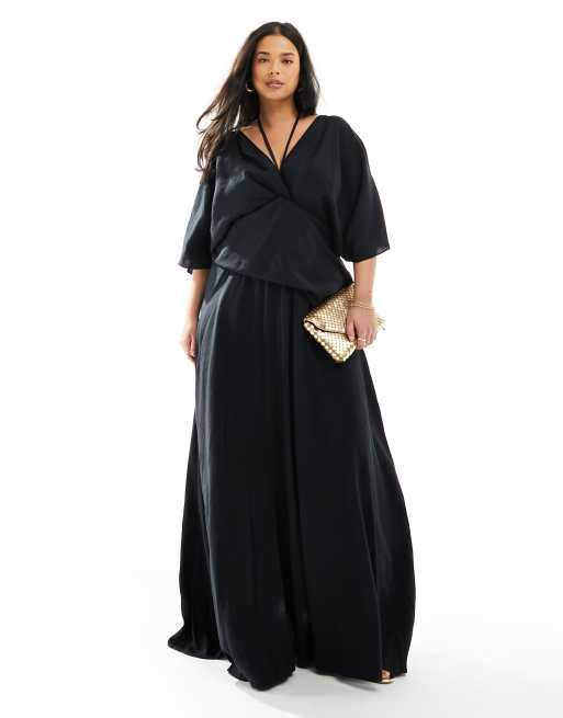 ASOS Edition Curve – Czarna sukienka maxi z krótkimi rękawami, dekoltem w szpic i wiązaniem z imitacji lnu