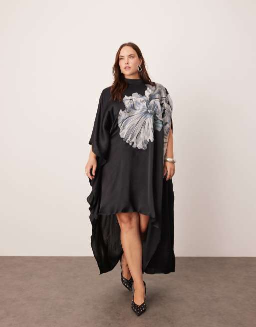 ASOS Edition Curve – Czarna sukienka midi z golfem i asymetrycznym dołem w haftowany duży kwiatowy wzór
