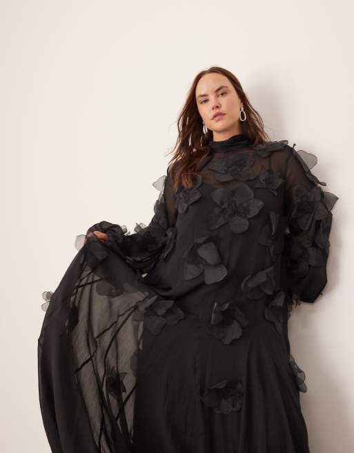 ASOS Edition Curve – Czarna wiązana przy szyi sukienka trapezowa maxi z kwiatową aplikacją na całości