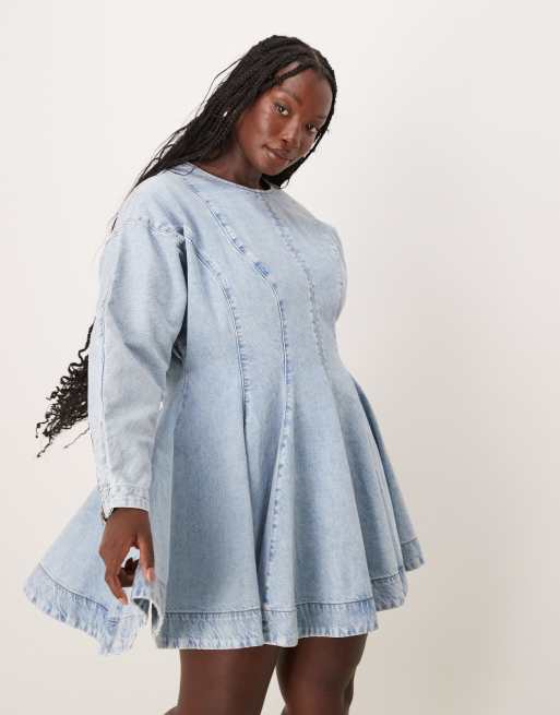 ASOS EDITION Curve denim long sleeve mini dress with seam details in bleach wash blue ASOS