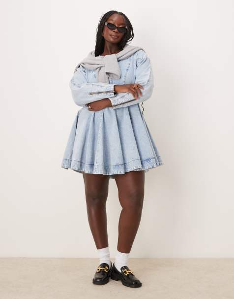 ASOS EDITION Curve - Denim-minikjole med lange ærmer og sømdetaljer i blå, afbleget vask - view 1