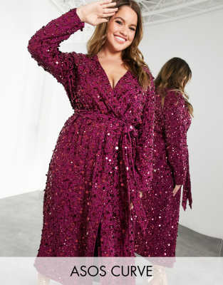 ASOS EDITION Curve disc sequin wrap midi dress in oxblood-Red