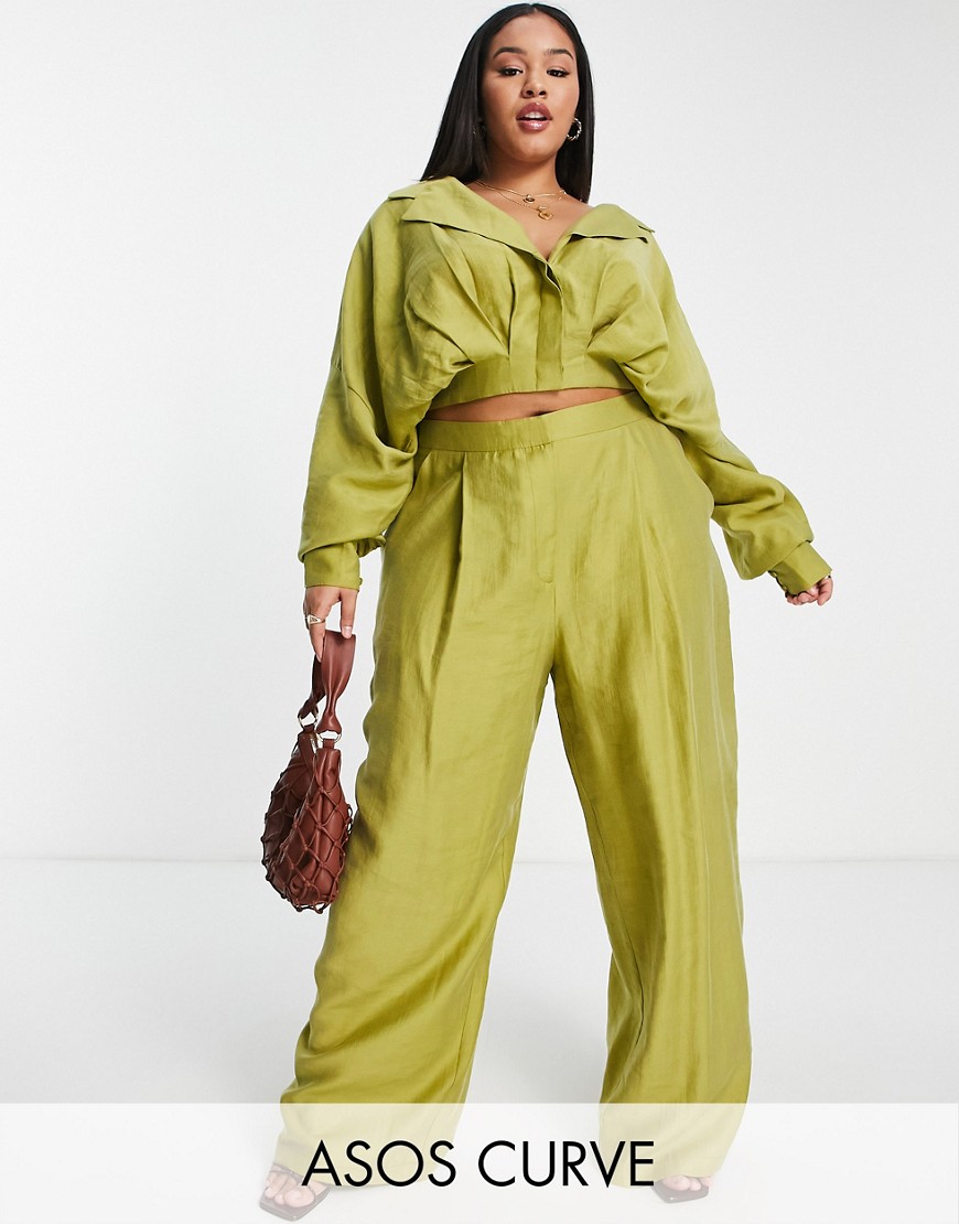 ASOS EDITION Curve drapey pleat waist top in tencel in lime green